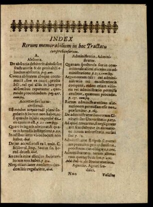 Index Rerum memorabilium in hoc Tractatu comprehensarum.