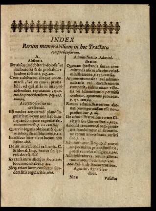 Index Rerum memorabilium in hoc Tractatu comprehensarum.