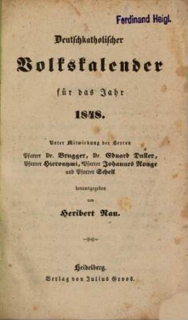 Deutschkatholischer Volkskalender : für d. Jahr ..., 1848