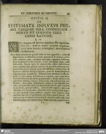 Sectio II. De Systemate Influxus Physici Tanquam Vera Commercium Mentis Et Corporis Explicandi Ratione