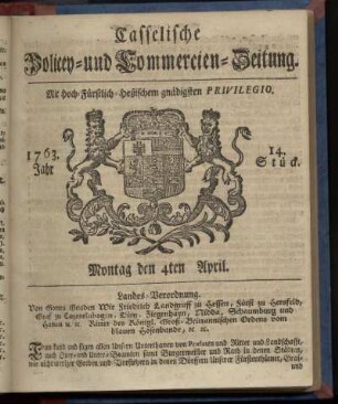 14. Stueck, Montag den 4ten April 1763