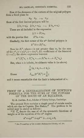 Proof of a generalization of Newton's formula for the sums of the powers of the roots of an Equation.
