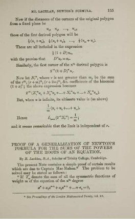 Proof of a generalization of Newton's formula for the sums of the powers of the roots of an Equation.