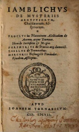 Jamblichus De mysteriis Aegyptiorum, Chaldaeorum, Assyriorum