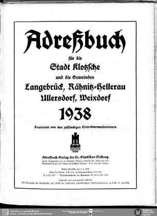 Adressbuch für die Stadt Klotzsche und die Gemeinden Langebrück, Rähnitz-Hellerau, Ullersdorf, Weixdorf 1938
