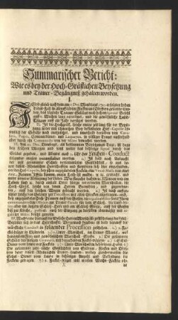 Summarischer Bericht: Wie es bey der Hoch-Gräflichen Beysetzung und Trauer-Begängniß gehalten worden.