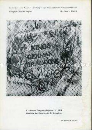 Uniformdarstellung, Detailfoto des Emblems einer Kornette des 1. Schweren Dragoner-Regiments der Königlich Deutschen Legion, Kurfürstentum Hannover, 1812.
