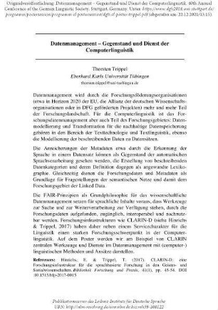 Datenmanagement – Gegenstand und Dienst der Computerlinguistik. 40th Annual Conference of the German Linguistic Society. Stuttgart, Germany.