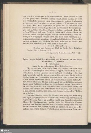 Nr. 7. Erlass wegen freiwilliger Gestellung der Eximirten zu den Jäger-Detachements. 3. Februar