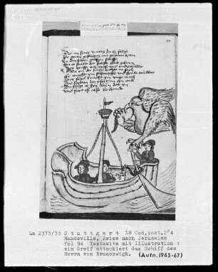 Jean de Mandeville, Reise nach Jerusalem — Ein Greif attackiert das Schiff des Herrn von Brunezwigk, Folio 94recto