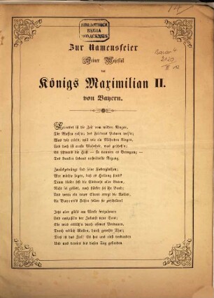 Zur Namensfeier Seiner Majestät des Königs Maximilian II. von Bayern : (Gedicht) Vorgetragen in der Festversammlung des constitutionell-monarchischen Vereins am 11. Okt. 1851