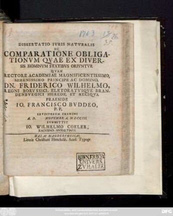 Dissertatio Ivris Natvralis De Comparatione Obligationvm Qvae Ex Diversis Hominvm Statibvs Orivntvr