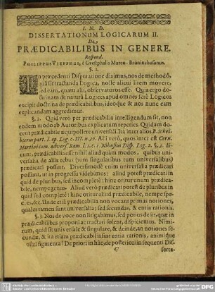 Dissertationum Logicarum II. Praedicabilibus In Genere