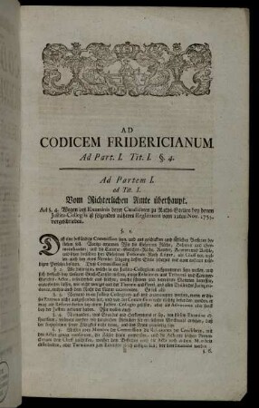 ad. Tit. I. Vom Richterlichen Amte überhaupt. - Ad. Tit. II. Zu welcher Zeit das Cammergericht gehalten werden soll, und von denen Feriis.