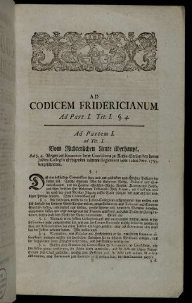ad. Tit. I. Vom Richterlichen Amte überhaupt. - Ad. Tit. II. Zu welcher Zeit das Cammergericht gehalten werden soll, und von denen Feriis.