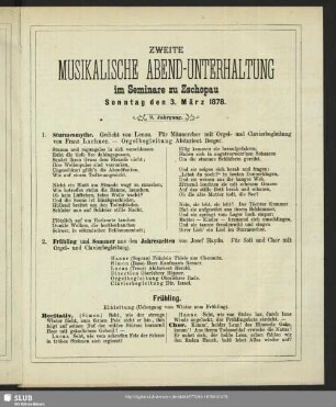 Zweite musikalische Abend-Unterhaltung im Seminare zu Zschopau Sonntag den 3. März 1878