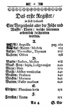 Das erste Register/ in sich haltend Eine Verzeichnüs aller der Fische und Wasser-Thiere/ welche hierinnen ordentlich beschrieben worden.