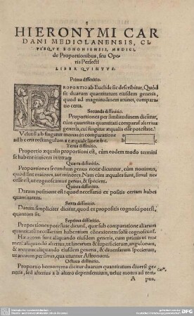 Hieronymi Cardani Mediolanensis civis que bononiensis, medigi, de Proportionibius, seu Operis Perfecti.