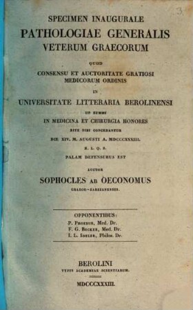 Specimen inaugurale Pathologiae generalis veterum Graecorum