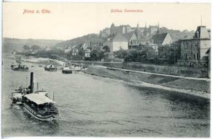 Pirna. Schloss Sonnenstein - Elbe mit Dampfern