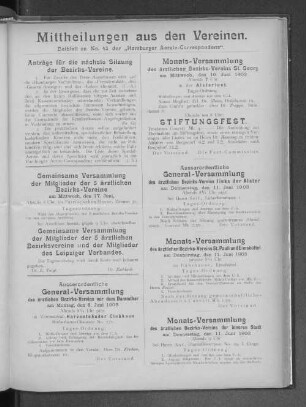 Mittheilungen aus den Vereinen. Beiblatt zu No. 43 der "Hamburger Aerzte-Correspondenz".