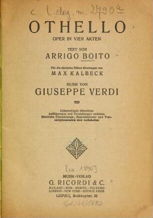 Othello : Oper in vier Akten