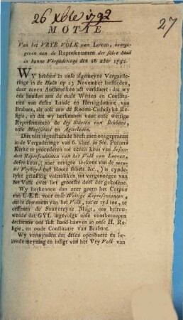 Motie Van het Vrye Volk van Loven, overgegeven aen de Representanten der selve Stad in hunne Vergageringe den 26 xber 1792
