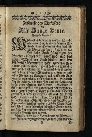 Zuschrifft des Verfassers An Alle Junge Leute: Wertheste Freunde!