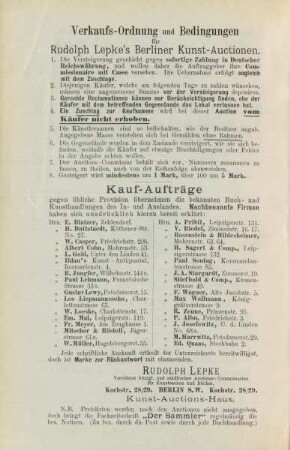 Verkaufs-Ordnung und Bedingungen für Rudolph Lepke's Kunst-Auctionen