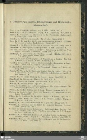 I. Litteraturgeschichte, Bibliographie und Bibliothekswissenschaft
