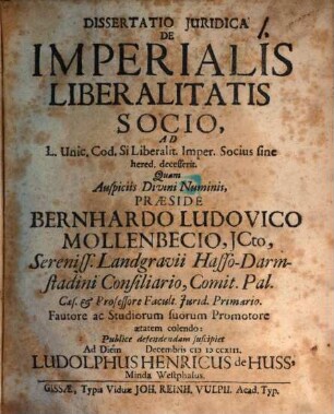 Dissertatio Juridica De Imperialis Liberalitatis Socio