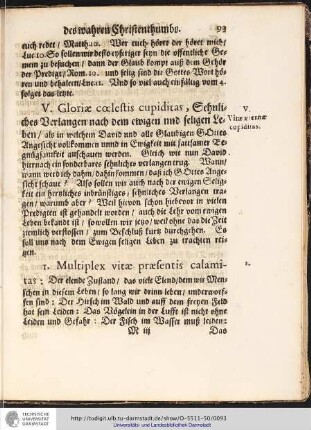 V. Gloriae coelestis cupiditas, Sehnliches Verlangen nach dem ewigen und seligen Leben/ ...