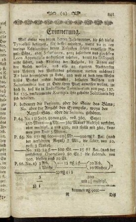 Erinnerung. - [Ansätze, oder Solutiones einiger Exempel.]