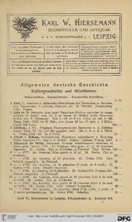 Allgemeine deutsche Geschichte. Kulturgeschichte und Alterthümer. Zeitschriften. Sammelwerke. Vermischte Schriften (Nr. 1-479)