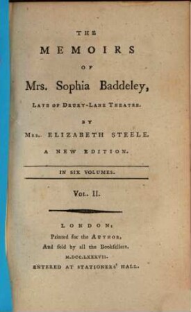 The Memoirs Of Mrs. Sophia Baddeley, Late Of Drury-Lane Theatre : In Six Volumes, 2