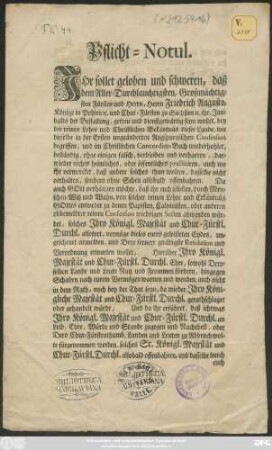 Pflicht-Notul. Ihr sollet geloben und schweren, daß dem Aller-Durchlauchtigsten, Großmächtigsten Fürsten und Herren, Herrn Friedrich Augusto, Könige in Pohlen ..