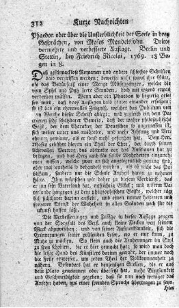 Phaedon oder die Unsterblichkeit der Seele in drey Gesprächen. 3.verb.Aufl.