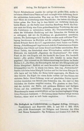 406-407 [Rezension] Asting, Ragnar, Die Heiligkeit im Urchristentum