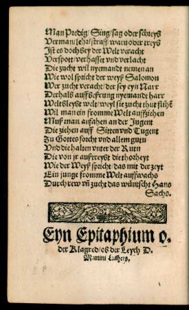 Eyn Epitaphium oder Klagrede// ob der Leych D. Martini Luthers.