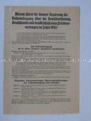 Propagandaflugblatt für eine Volksbefragung gegen die Remilitarisierung unter Berufung auf die Verfassung