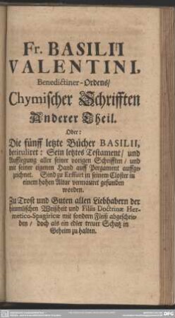 Anderer Theil. Oder: Die fünff letzte Bücher Basilii,...