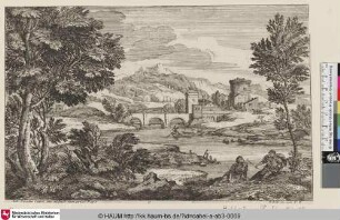 [Flusslandschaft mit Hirtenpaar, im Hintergrund eine Brücke; Bridge with Three Arches; Le pont aux trois arches]