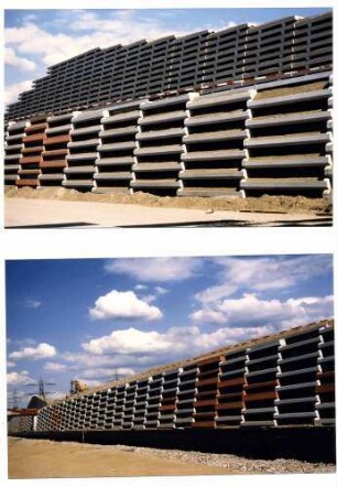 Lärmschutz-Steilwall "Sandweier" Unterer Teil: BETEX-Gründwand. Oberer Teil: EVERGREEN- Raumgitterwand im Bau.