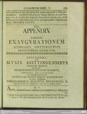 XIX. Appendix Exhibens Exaugurationem Gymnasii Gottingensis