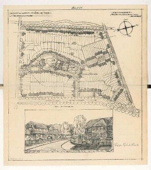 Siedlung Monatskonkurrenz November 1919: Lageplan 1:1000; perspektivische Ansicht