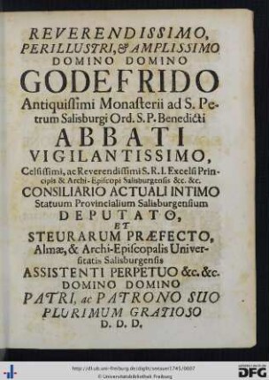 Reverendissimo, Perillustri, Amplissimo Domino Domino Godefrido ...