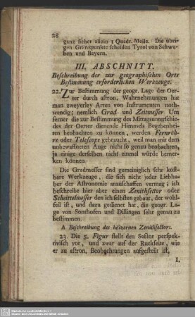 III. Abschnitt. Beschreibung der zur geographischen Orts Bestimmung erforderlichen Werkzeuge