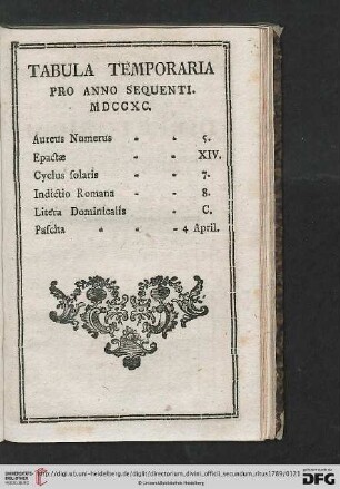 Tabula Temporaria pro anno sequenti MDCCXC