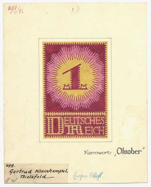 Wettbewerbsentwurf für Briefmarken : Wert in einem sternenförmigen Mittelfeld, darunter Schriftzug
