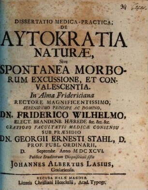 Dissertatio MedicaPractica, De Autokratia Naturae, Sive Spontanea Morborum Excussione, Et Convalescentia